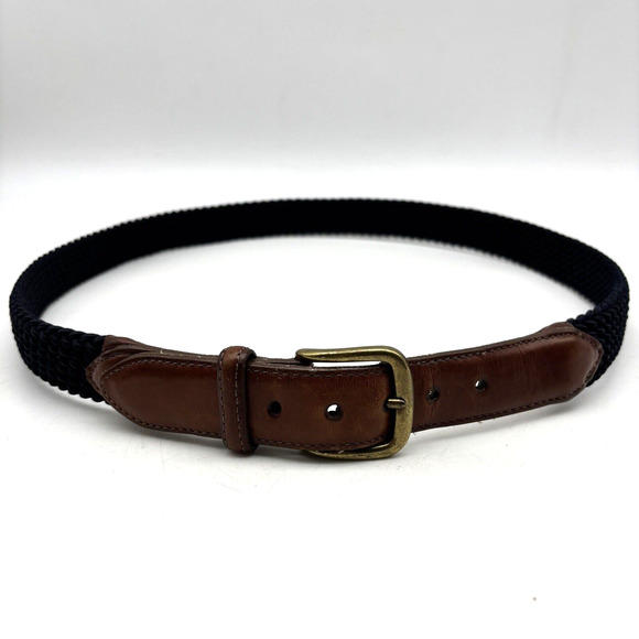 1995 Land's End 37866 Navy Blue Stretch Brown Leather Brass Buckle Belt Men's 38 - Picture 4 of 16